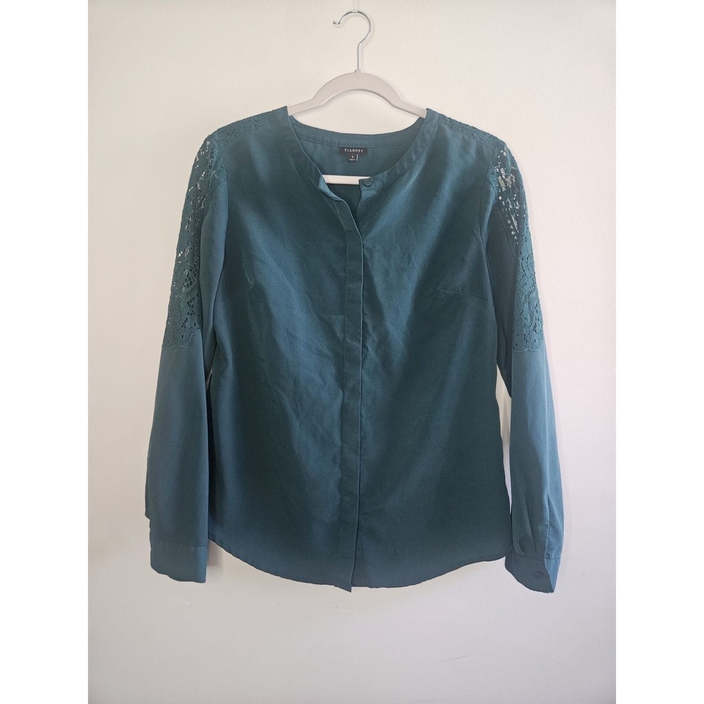 Talbots Teal Blue Lace Shoulder Long Sleeve Button Down Blouse Womens Small